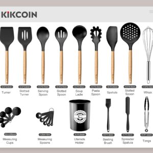 23 PCS Kitchen Utensils Set, Kikcoin Wood Handle Silicone Cooking Utensils Set with Holder, Spatulas Silicone Heat Resistant Cooking Gadgets for Nonstick Cookware, Black