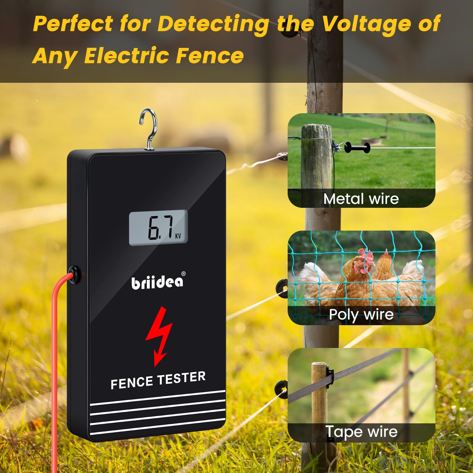 Electric Fence Tester, Briidea 300V-15000V Electric Fence Voltage Tester with LCD Large Display and Low Battery Reminder, Designed for Your Fence Voltage Troubleshooter, Portable & Easy to Use