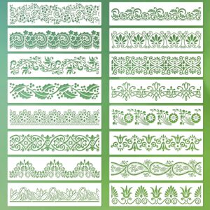 Ctosree 16 Pcs Flower Border Stencil Flower Stencil Template Reusable DIY Art and Craft Cake Decorating Templates Floral Edge Baking Tool for Crafts Painting on Wood, Canvas Paper, Fabric, 3 x 12 Inch