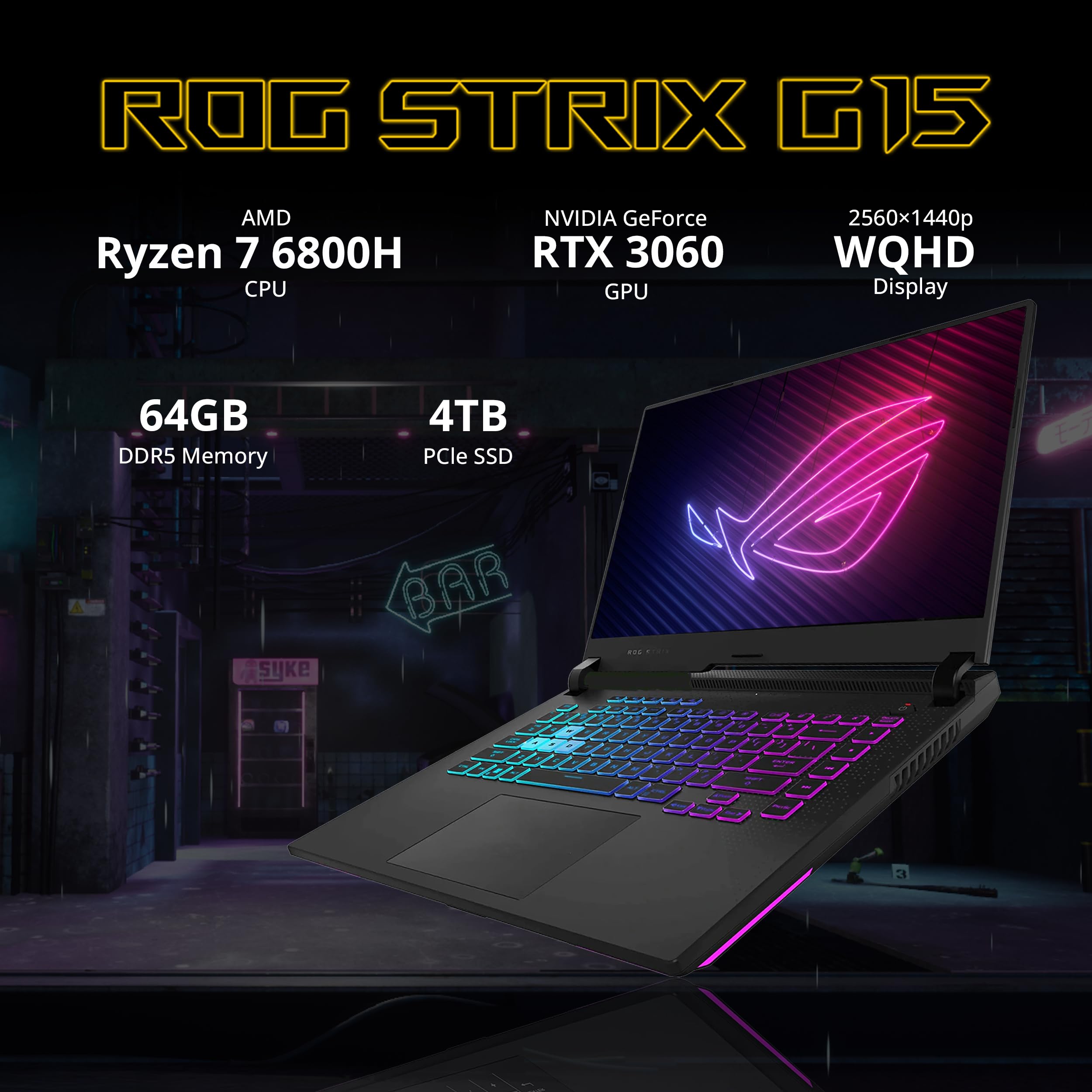 ASUS ROG Strix G15 15.6" 165Hz WQHD Gaming Laptop, AMD Ryzen7 6800H, GeForce RTX 3060, 64GB DDR5, 4TB SSD, RGB Keyboard, VR-Ready, Intelligent Cooling, Gray, Win 11 Pro, 128GB Hotface Extension Set