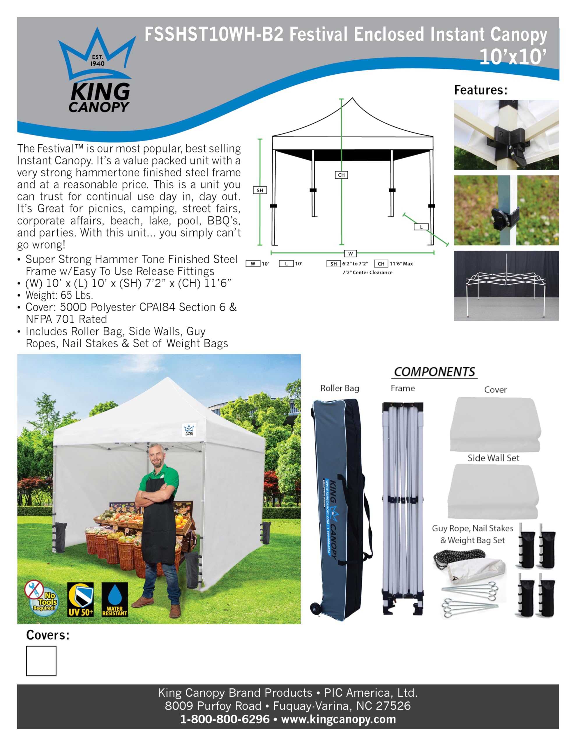 King Canopy Festival 10-Feet by 10-Feet Instant Pop up with 3 Solid Sides, 1 Zippered Door and Weight Bags, 1-Inch Steel Frame, White, FSSHST10WH-B2