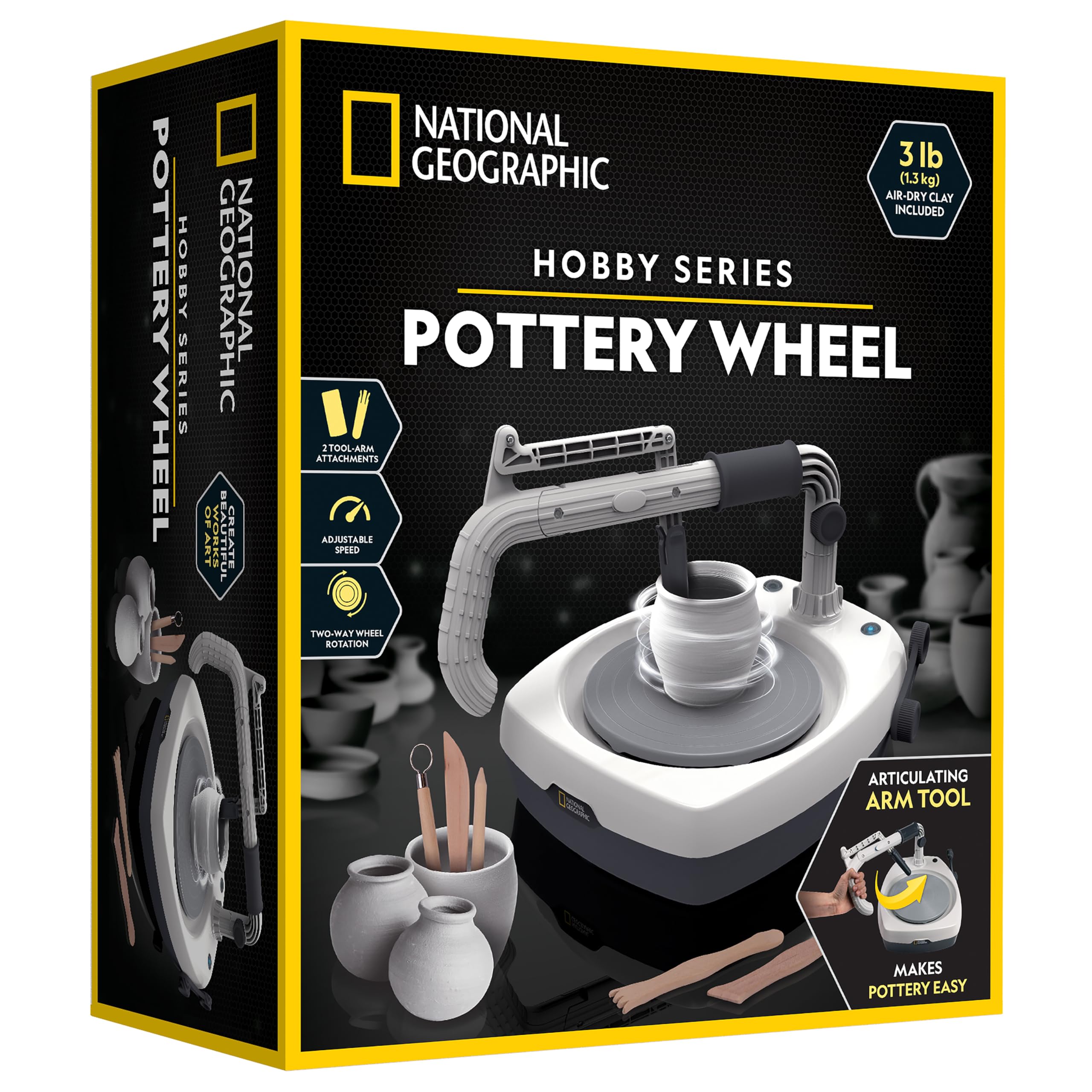 NATIONAL GEOGRAPHIC Hobby Pottery Wheel Kit - 8" Variable Speed Pottery Wheel for Adults & Teens with Innovative Arm Tool, 3 Lb Air Dry Clay & Art Supplies, Crafts for Adults, Craft Kits for Teenagers