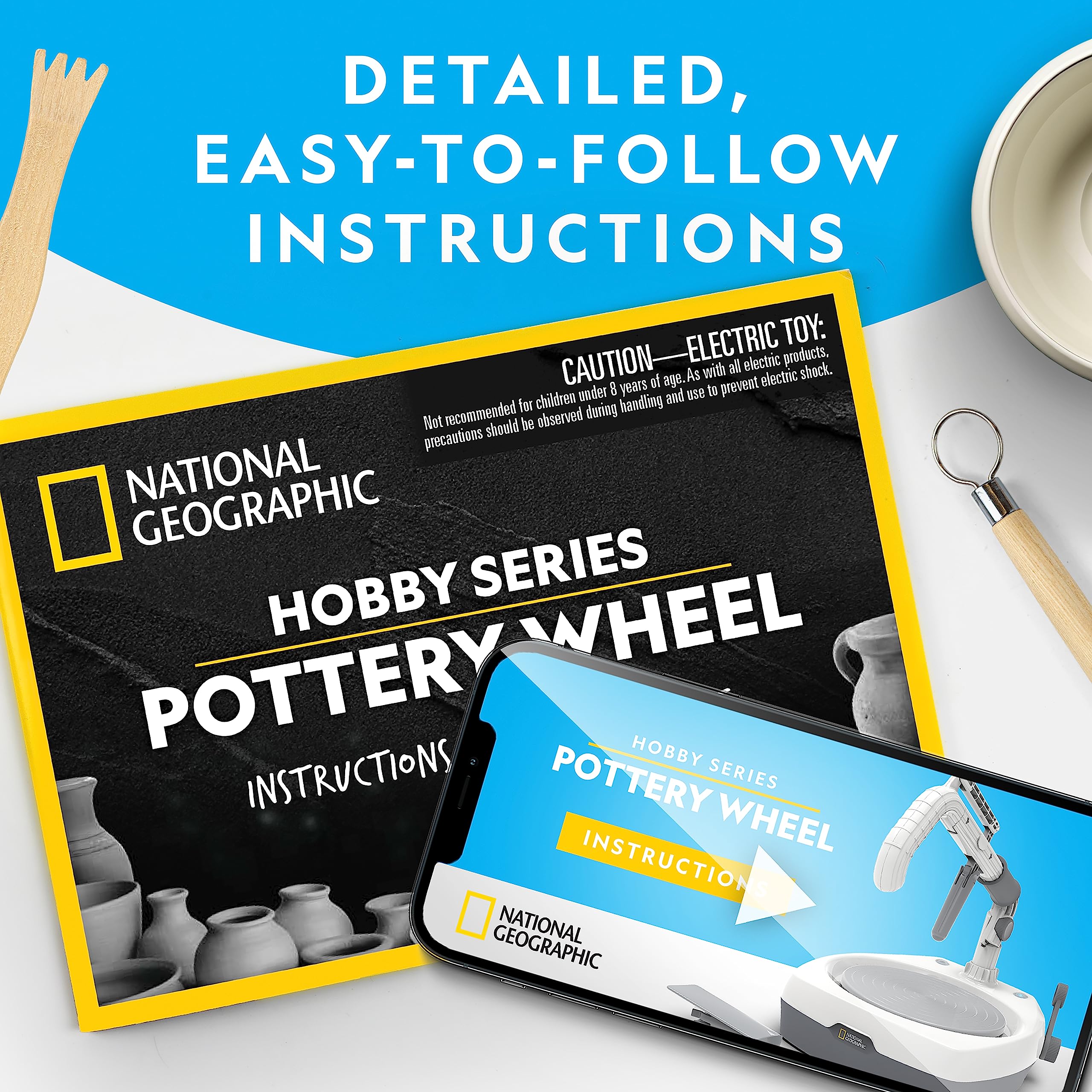 NATIONAL GEOGRAPHIC Hobby Pottery Wheel Kit - 8" Variable Speed Pottery Wheel for Adults & Teens with Innovative Arm Tool, 3 Lb Air Dry Clay & Art Supplies, Crafts for Adults, Craft Kits for Teenagers