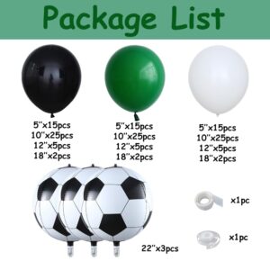 Soccer Balloon Garland Arch Kit 144PCS Dark Green Black White Latex Balloon with 22inch 4D Soccer Foil Balloons for Soccer Themed Birthday Football Soccer Match Party Decorations