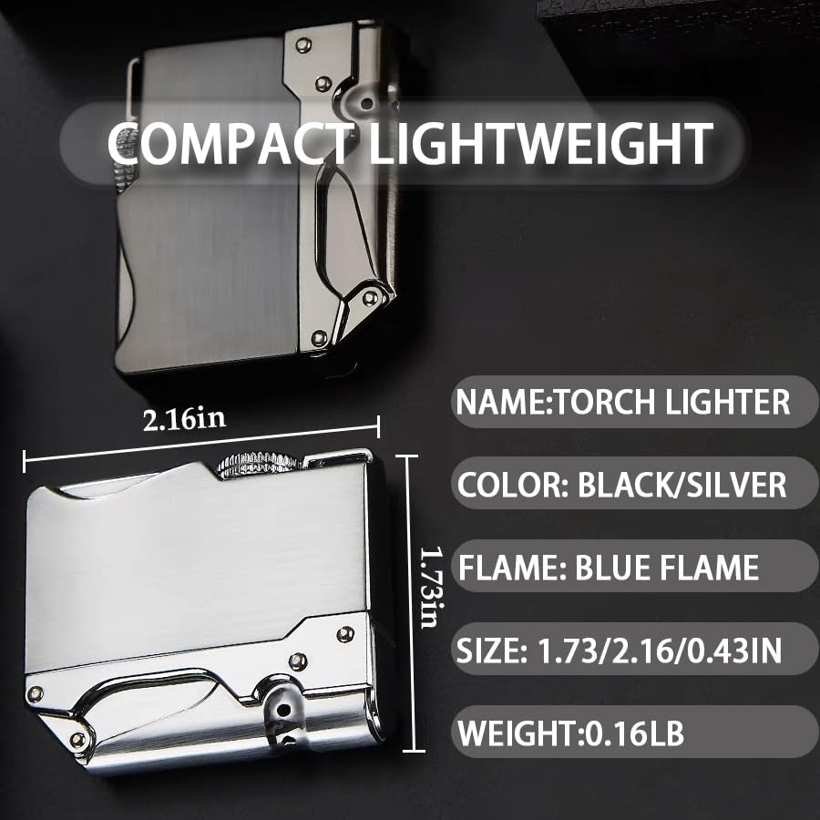 WEQTETJU Torch Lighter, Cool, Unique Design, Inflatable and Adjustable, Butane Lighter, Men's Gift (Butane Not Included) (Sliver)