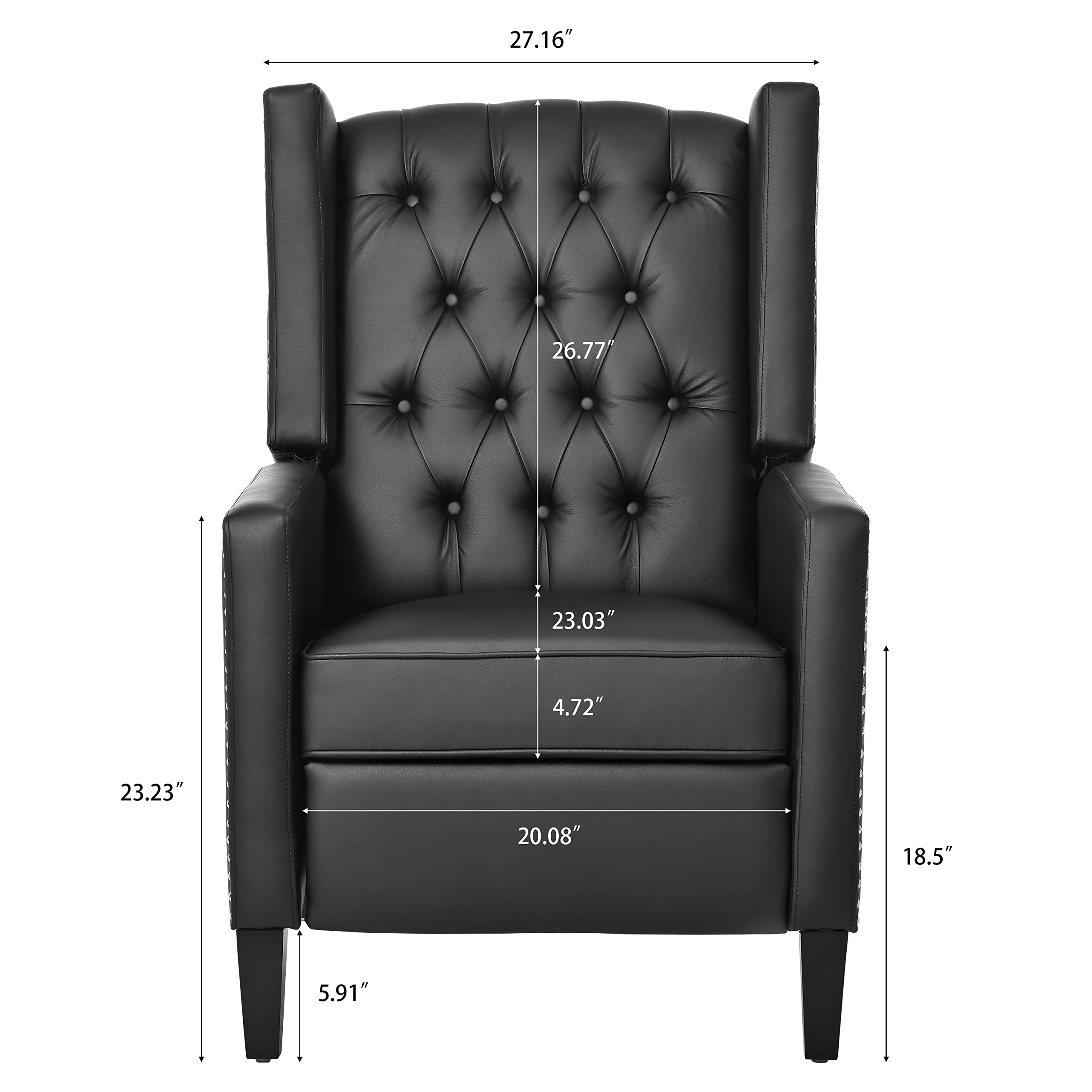 Recliner Chair with Wing Back, Faux Leather Upholstered Lounge Sofa Chairs with Rivet Decoration, Adjustable Home Theater Seating, Multifunctional Chairs for Living Room, Bedroom, Office (Black)