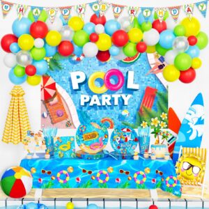 hombae pool party decorations, summer beach swimming themed birthday supplies backdrop balloon banner tablecloth cake topper plate napkin cup straw knife fork spoon cool blue tableware 205 pcs