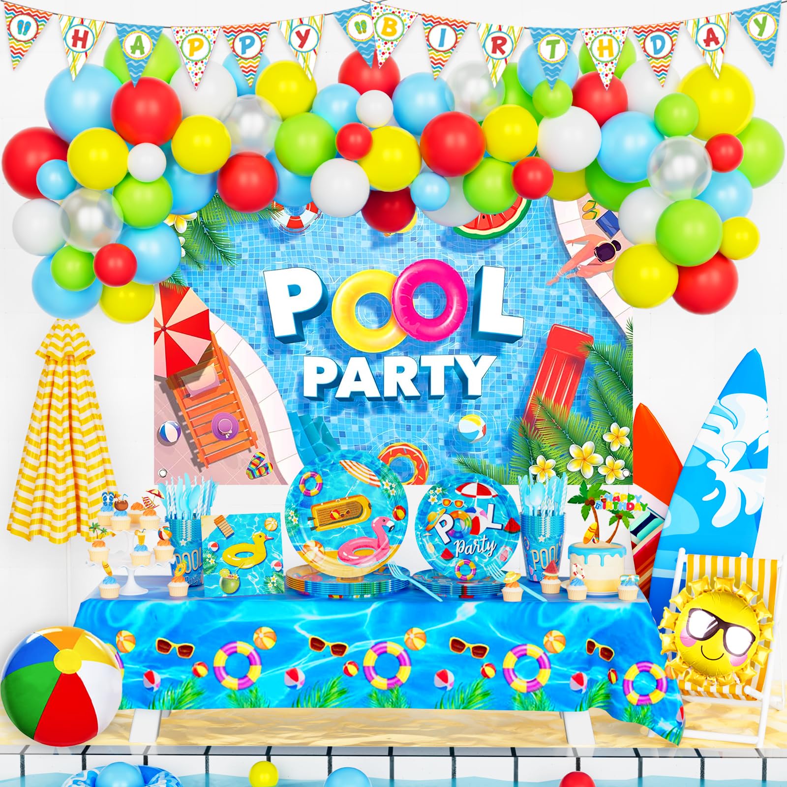 Hombae Pool Party Decorations, Summer Beach Swimming Themed Birthday Supplies Backdrop Balloon Banner Tablecloth Cake Topper Plate Napkin Cup Straw Knife Fork Spoon Cool Blue Tableware 205 PCs