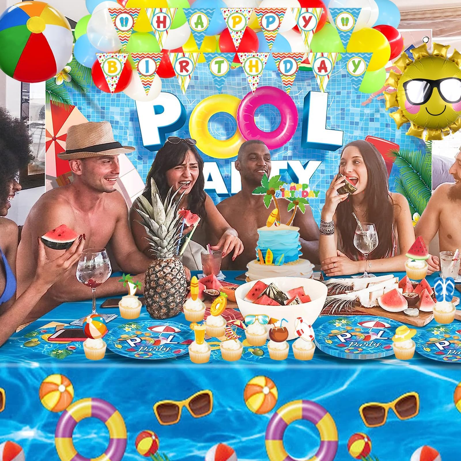 Hombae Pool Party Decorations, Summer Beach Swimming Themed Birthday Supplies Backdrop Balloon Banner Tablecloth Cake Topper Plate Napkin Cup Straw Knife Fork Spoon Cool Blue Tableware 205 PCs