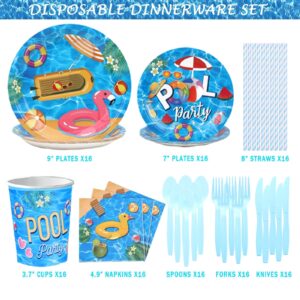 Hombae Pool Party Decorations, Summer Beach Swimming Themed Birthday Supplies Backdrop Balloon Banner Tablecloth Cake Topper Plate Napkin Cup Straw Knife Fork Spoon Cool Blue Tableware 205 PCs