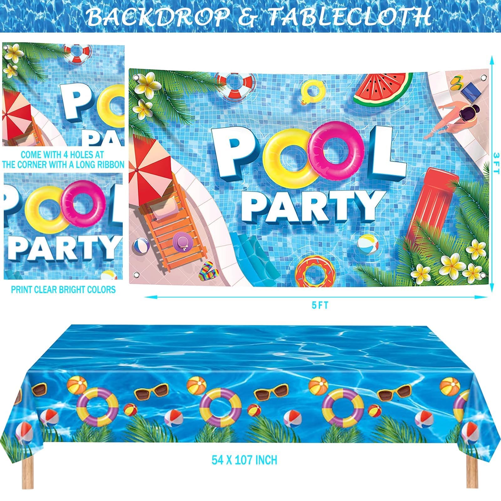 Hombae Pool Party Decorations, Summer Beach Swimming Themed Birthday Supplies Backdrop Balloon Banner Tablecloth Cake Topper Plate Napkin Cup Straw Knife Fork Spoon Cool Blue Tableware 205 PCs