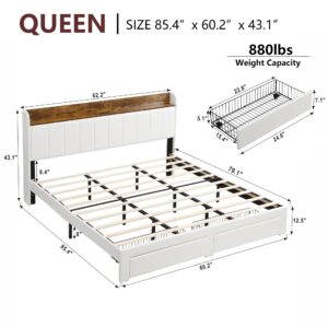 XKLOGER Upholstered Bed Frame Queen Size with Headboard, Platform Queen Bed Frame with Storage Drawers & Charging Station, No Box Spring Needed/Noise Free/Heavy Duty/White