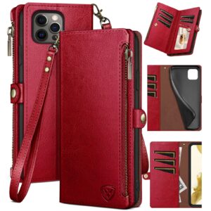 xcasebar for iphone 13 pro max 6.7" wallet case with zipper credit card holder【rfid blocking】, flip folio book pu leather phone case shockproof cover women men for apple 13 pro max case red