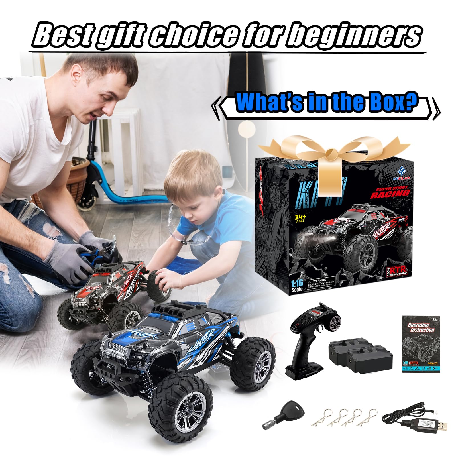 FUUY 1/16 Fast RC Cars for Adults with 2 Batteries&Shells, All Terrain 42KPH High-Speed Remote Control Car, Waterproof Off-Road RC Crawler, Hobby Truck Toy Youth Gift for Age 14+