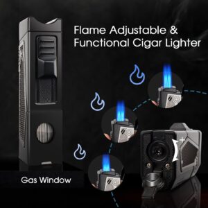 All-in-one Cigar Lighter with Quad Jet Torch Flames, Cigar Stand, Cigar Punch, Cigar Draw Enhancer, Cigar Accessories 4-in-1, Stylish Gifts for Men, Refillable Cool Butane Lighters for Smoking, Candle