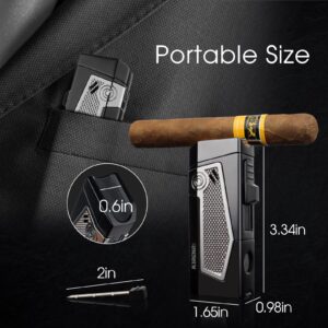 All-in-one Cigar Lighter with Quad Jet Torch Flames, Cigar Stand, Cigar Punch, Cigar Draw Enhancer, Cigar Accessories 4-in-1, Stylish Gifts for Men, Refillable Cool Butane Lighters for Smoking, Candle