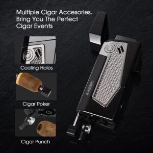 All-in-one Cigar Lighter with Quad Jet Torch Flames, Cigar Stand, Cigar Punch, Cigar Draw Enhancer, Cigar Accessories 4-in-1, Stylish Gifts for Men, Refillable Cool Butane Lighters for Smoking, Candle