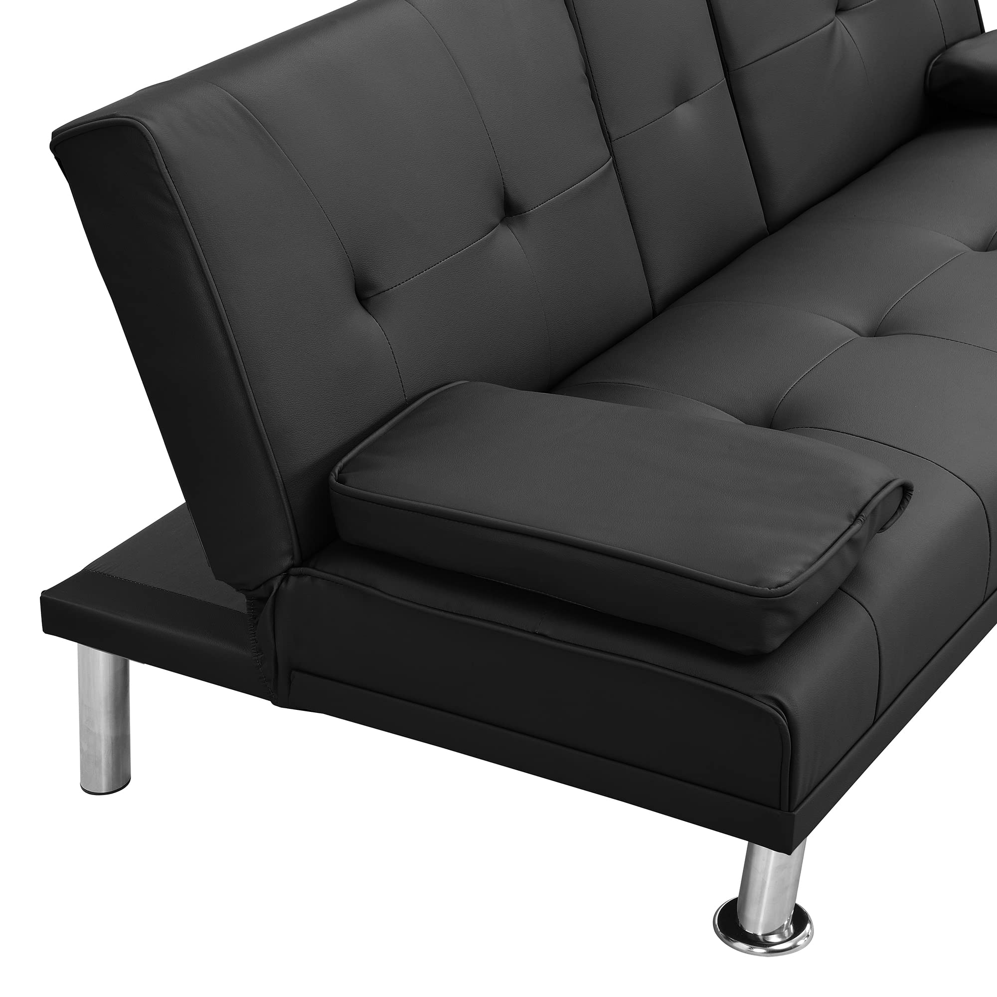 Anwickhomk Modern Upholstered Convertible Folding Futon Sofa Bed, Convertible Sleeper Sofa, Couch, Loveseat with Metal Legs,2 Cupholders,Removable Armrests for Compact Living Space (Black)