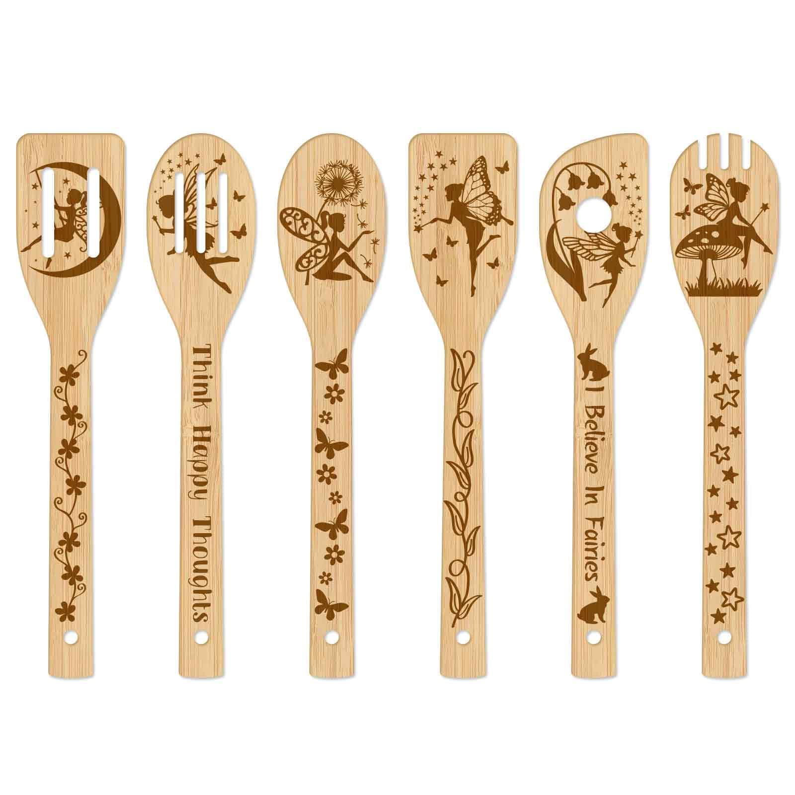 GLOBLELAND 6Pcs Elves Bamboo Cooking Utensils Wooden Engraved Cooking Spoons Set Carving Kitchen Bamboo Spatula Set Wood Cooking Spoon for Kitchen House Warming Gift