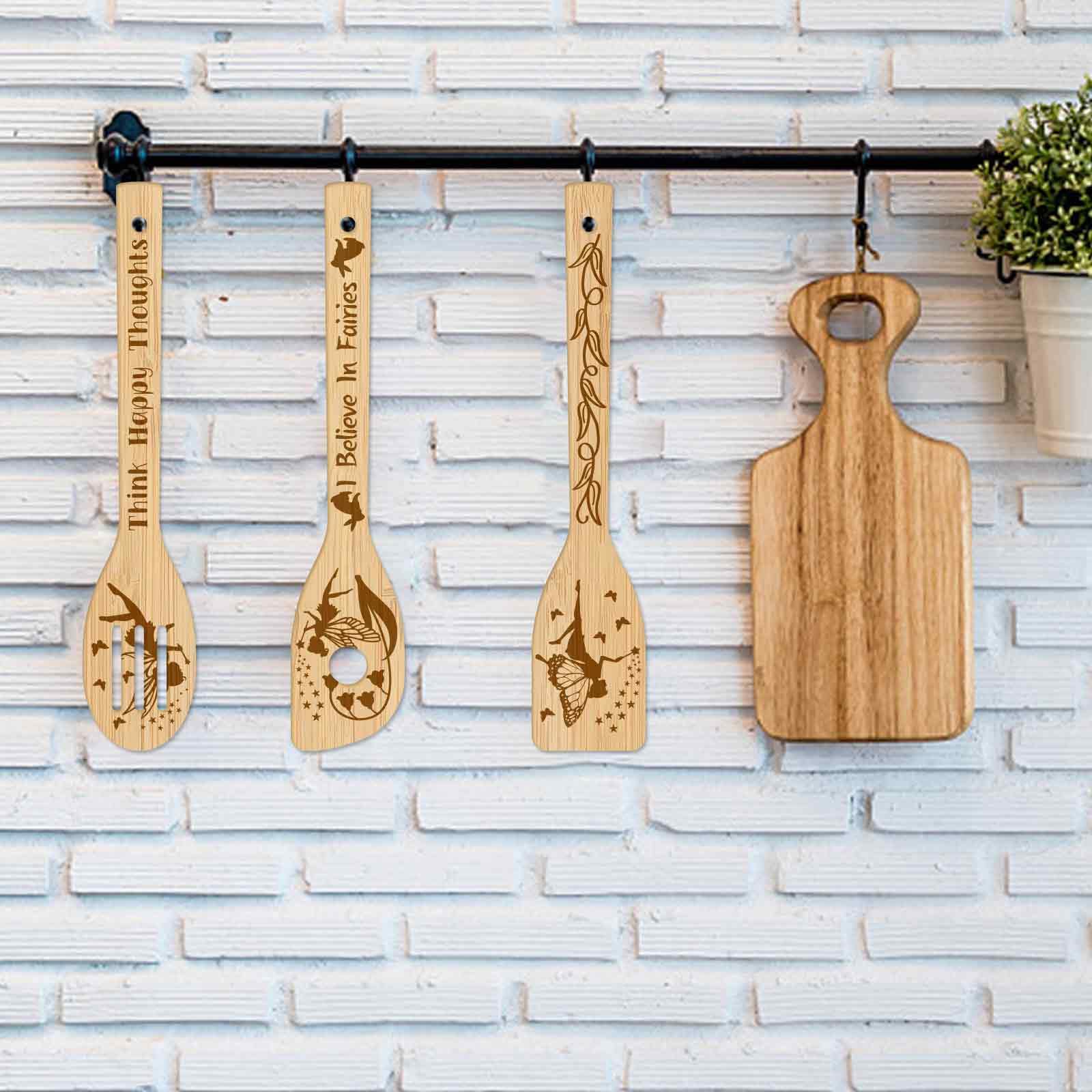 GLOBLELAND 6Pcs Elves Bamboo Cooking Utensils Wooden Engraved Cooking Spoons Set Carving Kitchen Bamboo Spatula Set Wood Cooking Spoon for Kitchen House Warming Gift