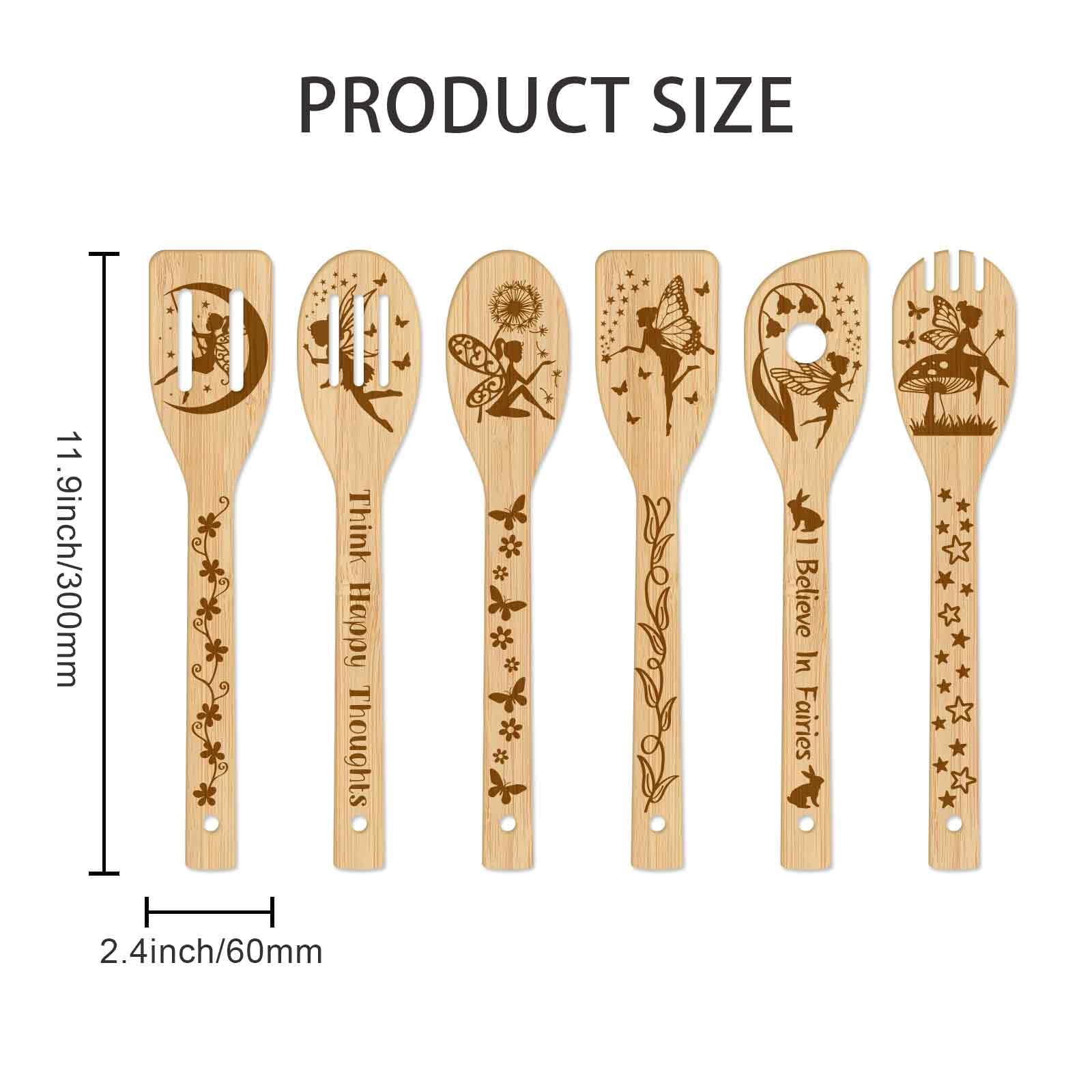 GLOBLELAND 6Pcs Elves Bamboo Cooking Utensils Wooden Engraved Cooking Spoons Set Carving Kitchen Bamboo Spatula Set Wood Cooking Spoon for Kitchen House Warming Gift