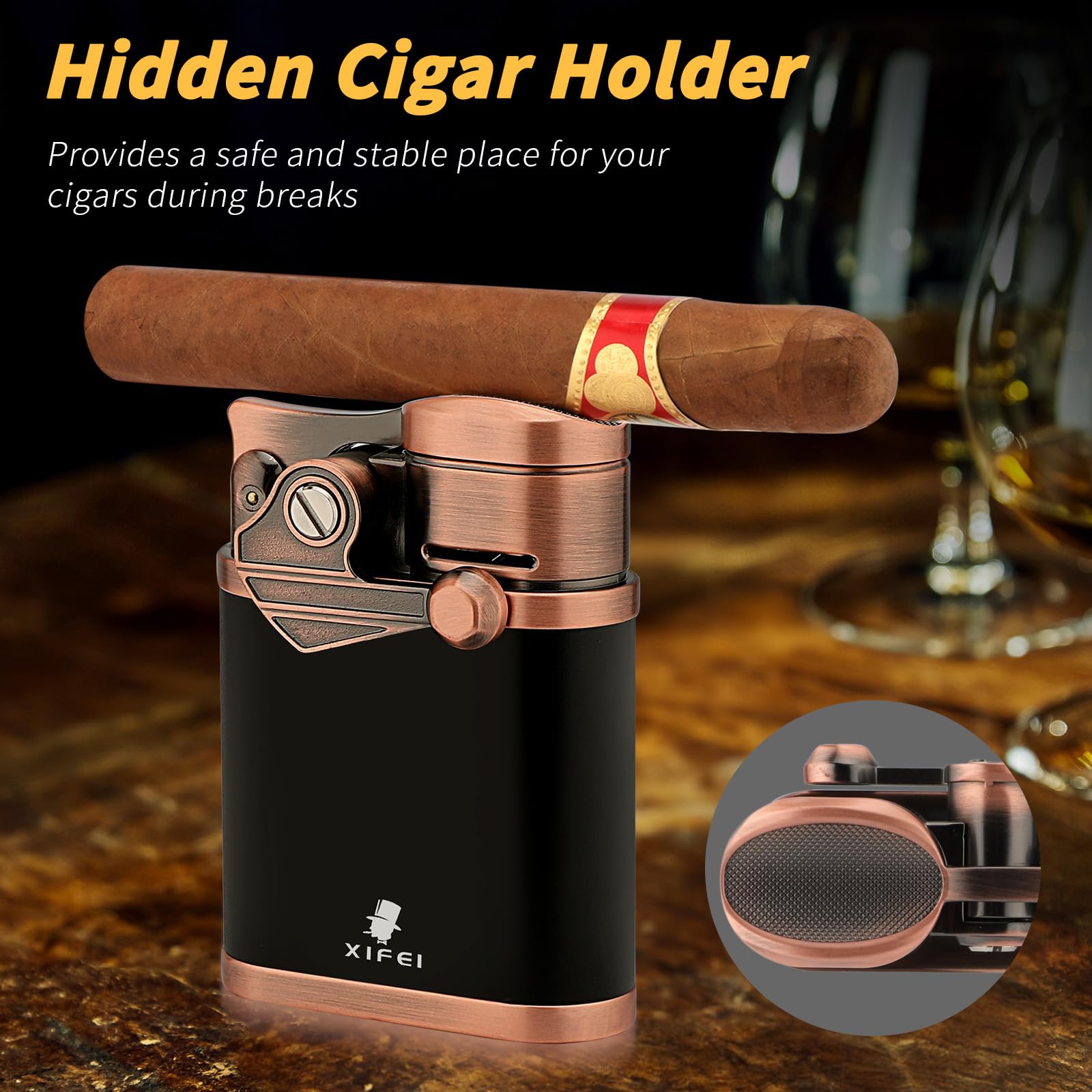 XIFEI Cigar Lighter 4 Jet Flame Torch Lighter with Cigar Holder, Windproof Rocker Arm Lighter Adjustable Flame, Refillable Butane Lighter Smoking Lighters Gift for Men (Bronze)