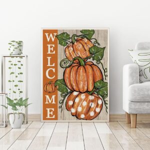 CHWGLFGG Fall Thanksgiving Pumpkin Diamond Painting Kits for Adults Beginners, Welcome Autumn 5D Diamond Art Kits, DIY Full Round Drill Gem Art, Home Wall Decor 12 x 16 Inch