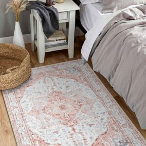 Lahome Boho Pink Rugs for Bedroom Girls, 3x5 Non Slip Carpet for Living Room, Washable Vintage Medallion Accent Throw Rugs with Rubber Backing Carpet for Entryway Kitchen Office Dining Room