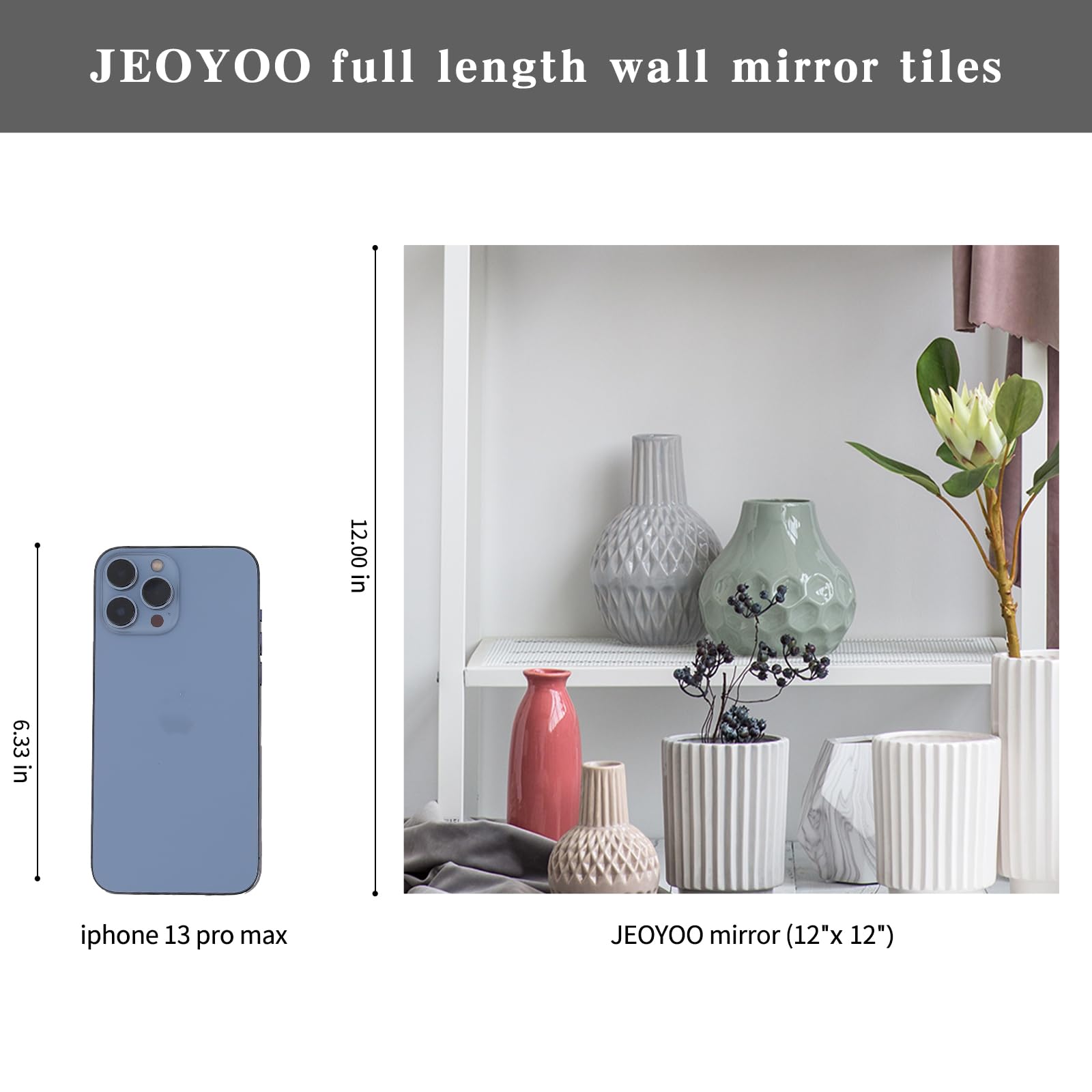 JEOYOO HD Glass Full Length Wall Mirror Tiles, 12'' x 12'' x 4PCS, Frameless Full Body Mirror Tiles for Bedroom, Full Length Mirror Wall Mounted for Home Gym, Door