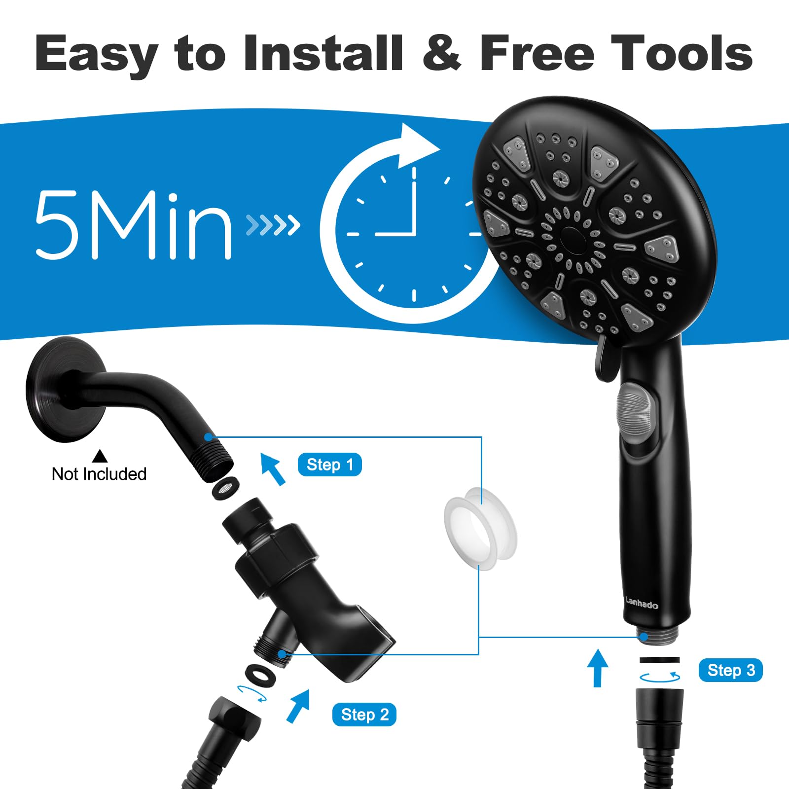 Shower Head with Handheld, Lanhado 9 Setting Matte Black Shower Head, Detachable Shower Head with Hose & Adjustable Bracket,High Pressure Shower heads, Built-in Power Wash to Clean Tub, Tile & Pets