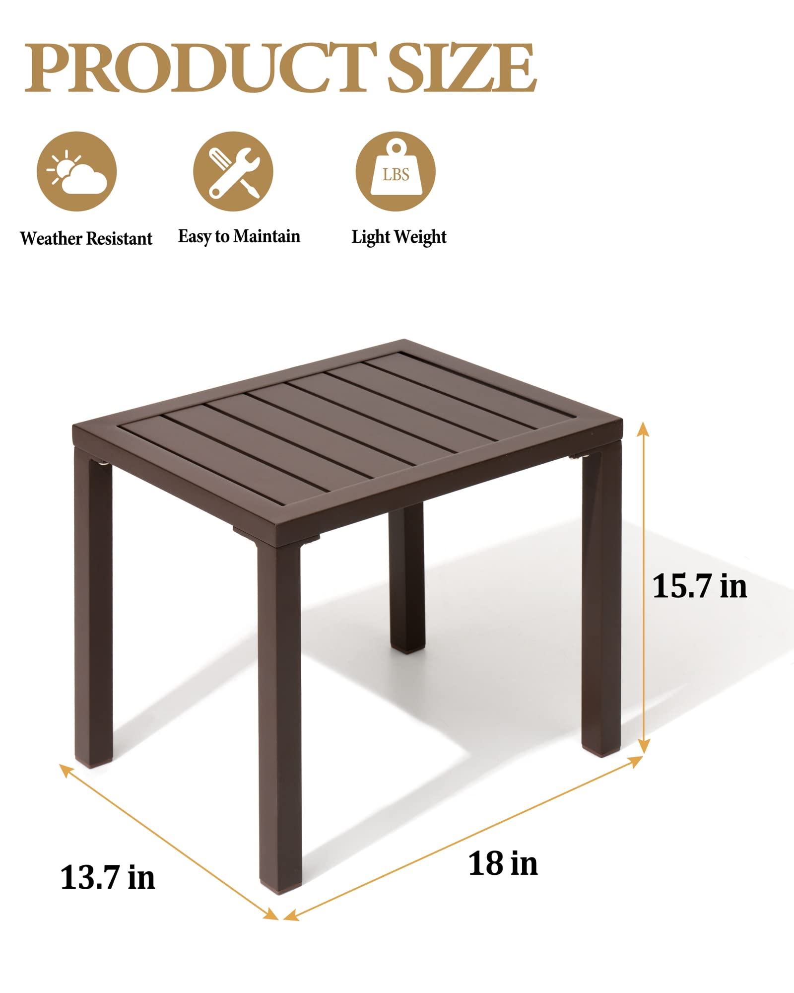 Crestlive Products Outdoor Side Table,Aluminum Rectangular Side/End Table, Small Patio Coffee Bistro Table for Outdoor Indoor (Brown)