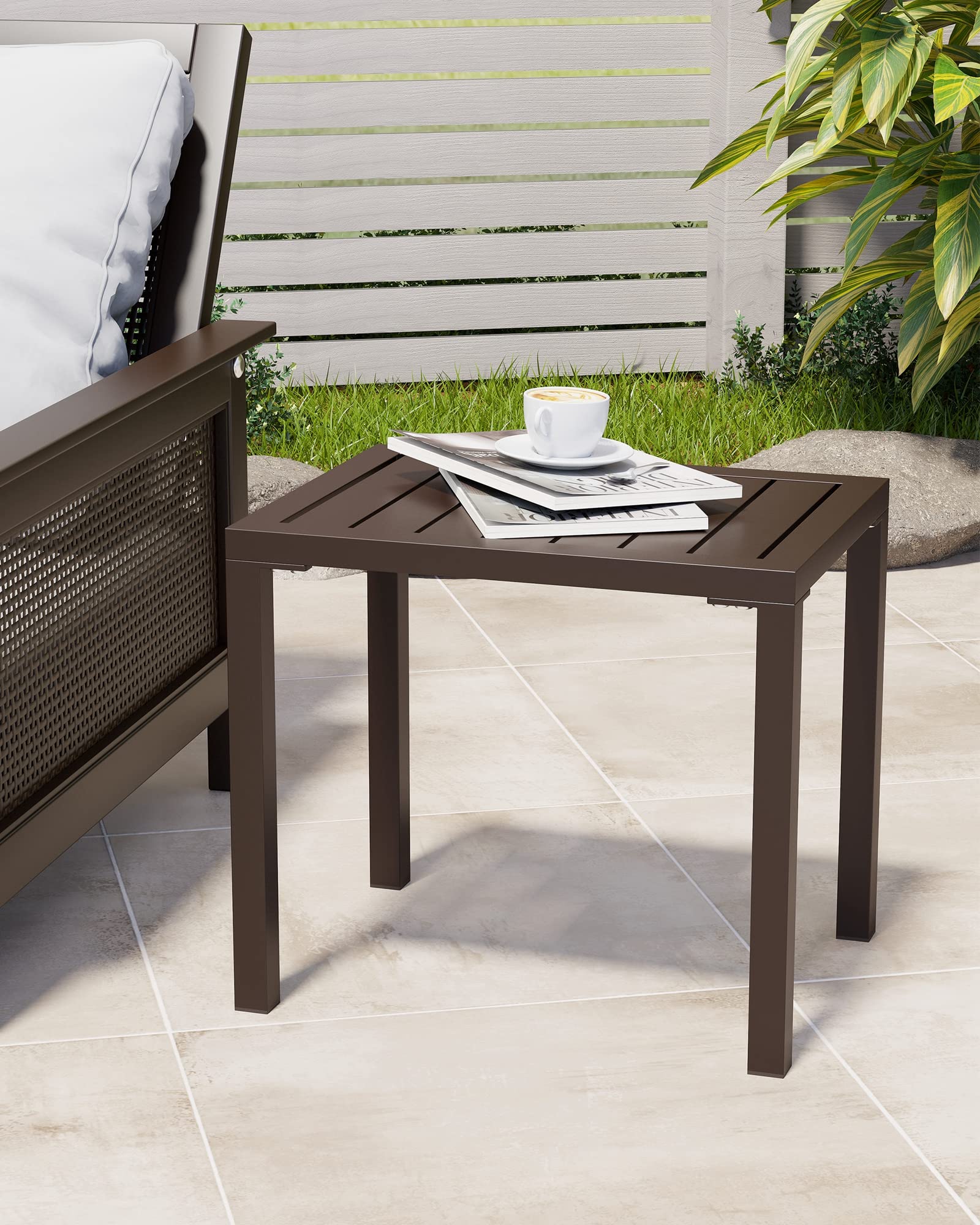 Crestlive Products Outdoor Side Table,Aluminum Rectangular Side/End Table, Small Patio Coffee Bistro Table for Outdoor Indoor (Brown)