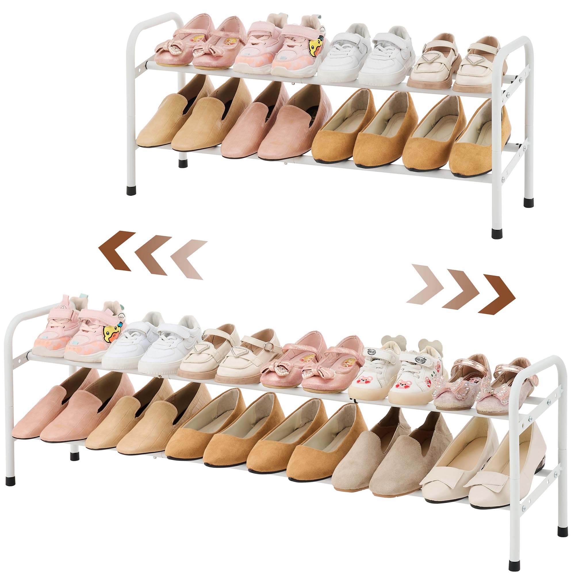 Gewudraw 2-Tier Shoe Rack Expandable, Width Adjustable Shoe Shelf Storage Organizer, 41.53'' Metal Standing Shoe Rack for Bedroom Entryway Closet, Holds up to 12 Pairs Shoes, White