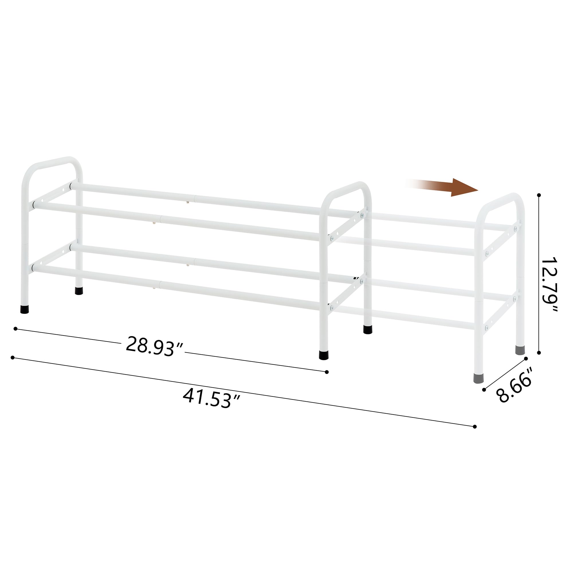 Gewudraw 2-Tier Shoe Rack Expandable, Width Adjustable Shoe Shelf Storage Organizer, 41.53'' Metal Standing Shoe Rack for Bedroom Entryway Closet, Holds up to 12 Pairs Shoes, White