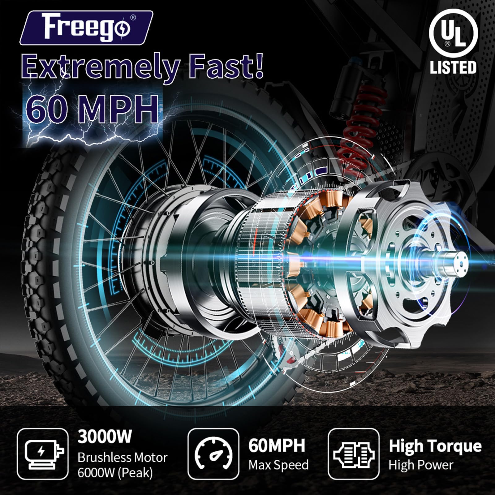 Freego X2 Electric Motorcycle for Adults, Electric Dirt Bike for Adult 6000W Motor 60V/30Ah Removable Battery, 60Mph/60Mile Electric Mountain Bicycle, 19" x2" Tire Full Suspension,Full Hydraulic Brake