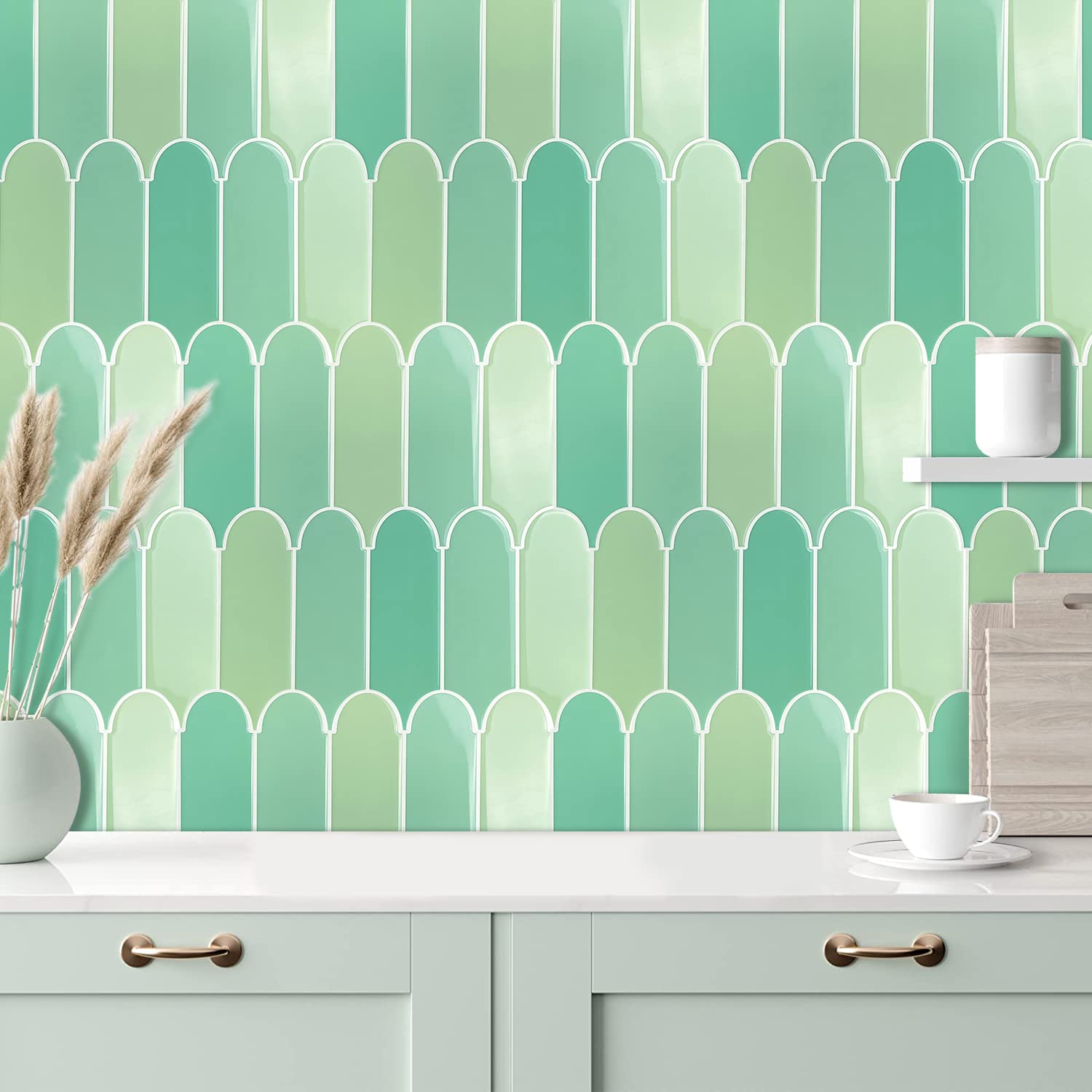 FARONZE Peel and Stick Mosaic Sticker Kitchen Backsplash Tiles, Bathroom Wall Sticker 12" x 12" Green Arch Shape Design (Light Green Mixed)