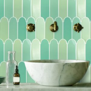 FARONZE Peel and Stick Mosaic Sticker Kitchen Backsplash Tiles, Bathroom Wall Sticker 12" x 12" Green Arch Shape Design (Light Green Mixed)