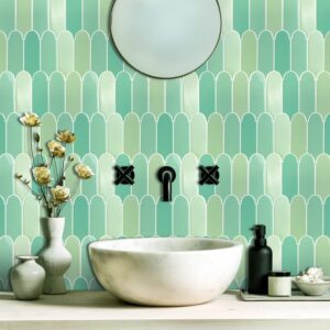 FARONZE Peel and Stick Mosaic Sticker Kitchen Backsplash Tiles, Bathroom Wall Sticker 12" x 12" Green Arch Shape Design (Light Green Mixed)