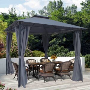 10 X 10ft Hardtop Gazebo, Double Roof Gazebo with Nettings, Outdoor Steel Frame Vertical Stripes Roof Permanent for Patio, Backyard, Lawns,Grey