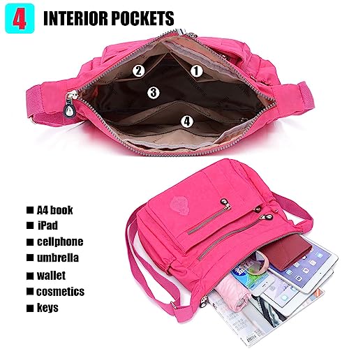 SHIFANQI Crossbody Bag for Women, Multi Pockets Waterproof Nylon Shoulder Handbag, Fashion Travel Crossbody Purse, Lightweight Purse for Women (Purplish Red)