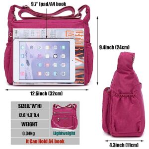 SHIFANQI Crossbody Bag for Women, Multi Pockets Waterproof Nylon Shoulder Handbag, Fashion Travel Crossbody Purse, Lightweight Purse for Women (Purplish Red)