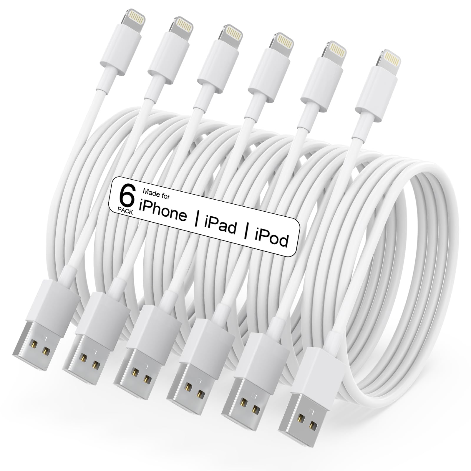 iPhone Charger[Apple MFi Certified] 6Pack（3/3/6/6/6/10 FT） Lightning Cable Power Fast Charging Cord Cable Compatible iPhone 14/13 /12/11 Pro MAX/XR/XS/8/7/Plus/6S/SE/iPad(White)…