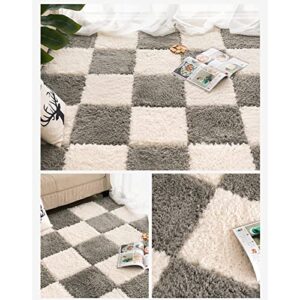 10 Pcs Thickened Plush Foam Interlocking Floor Mat, Fluffy Square Interlocking Foam Tiles, Soft Anti-Slip Puzzle Area Rug Playmat for Room Floor(Color:Purple+White)