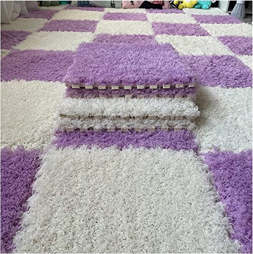 10 Pcs Thickened Plush Foam Interlocking Floor Mat, Fluffy Square Interlocking Foam Tiles, Soft Anti-Slip Puzzle Area Rug Playmat for Room Floor(Color:Purple+White)