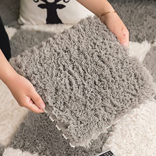 10 Pcs Thickened Plush Foam Interlocking Floor Mat, Fluffy Square Interlocking Foam Tiles, Soft Anti-Slip Puzzle Area Rug Playmat for Room Floor(Color:Purple+White)