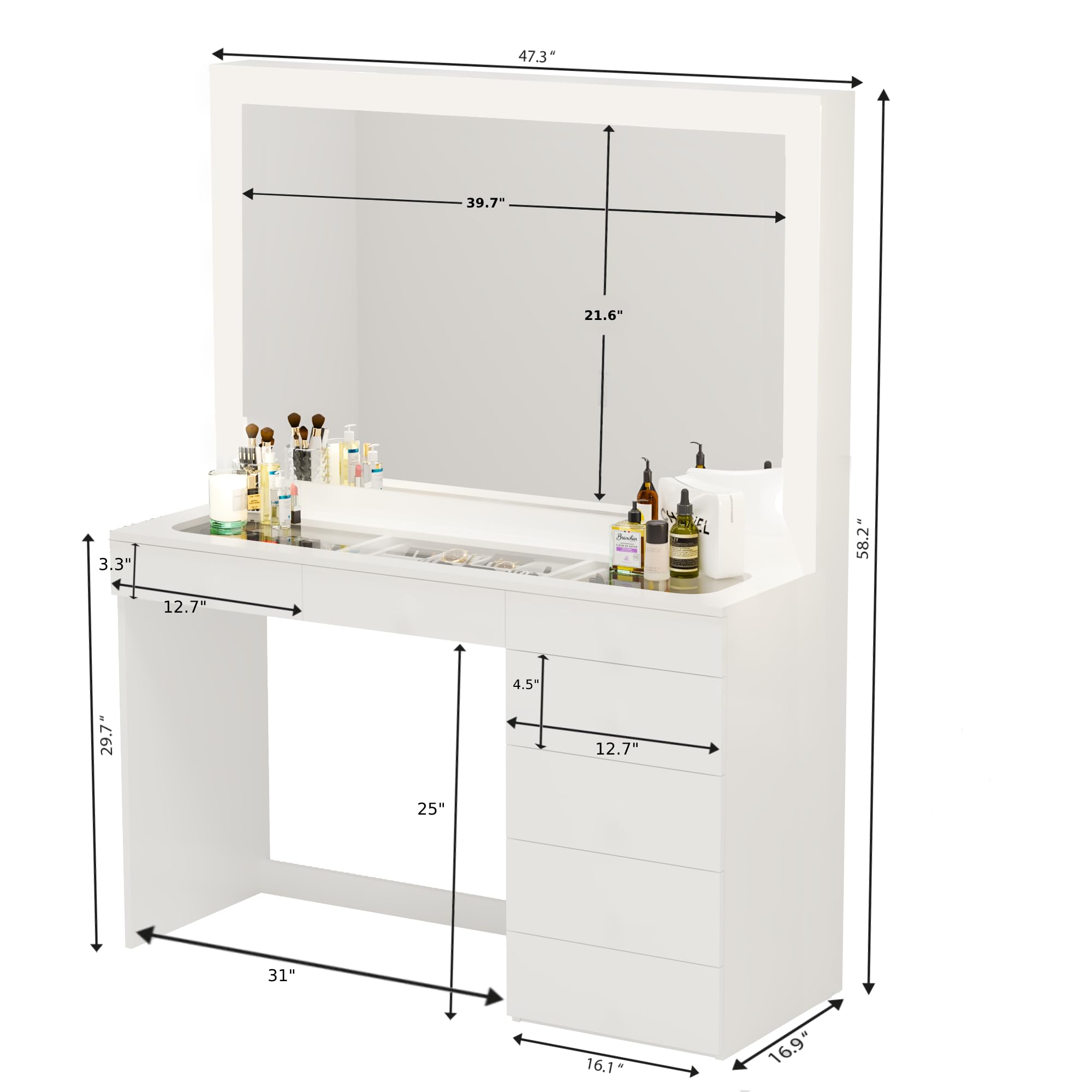 Boahaus Serena LARGE Makeup Vanity with Hollywood Lights Built-in, 7 Drawers, Hollywood Mirror, Hairdryer Hanger, Glass Top, Crystal Knobs, White Vanity Makeup Desk for Bedroom, 58'' Hx47''Wx17''D