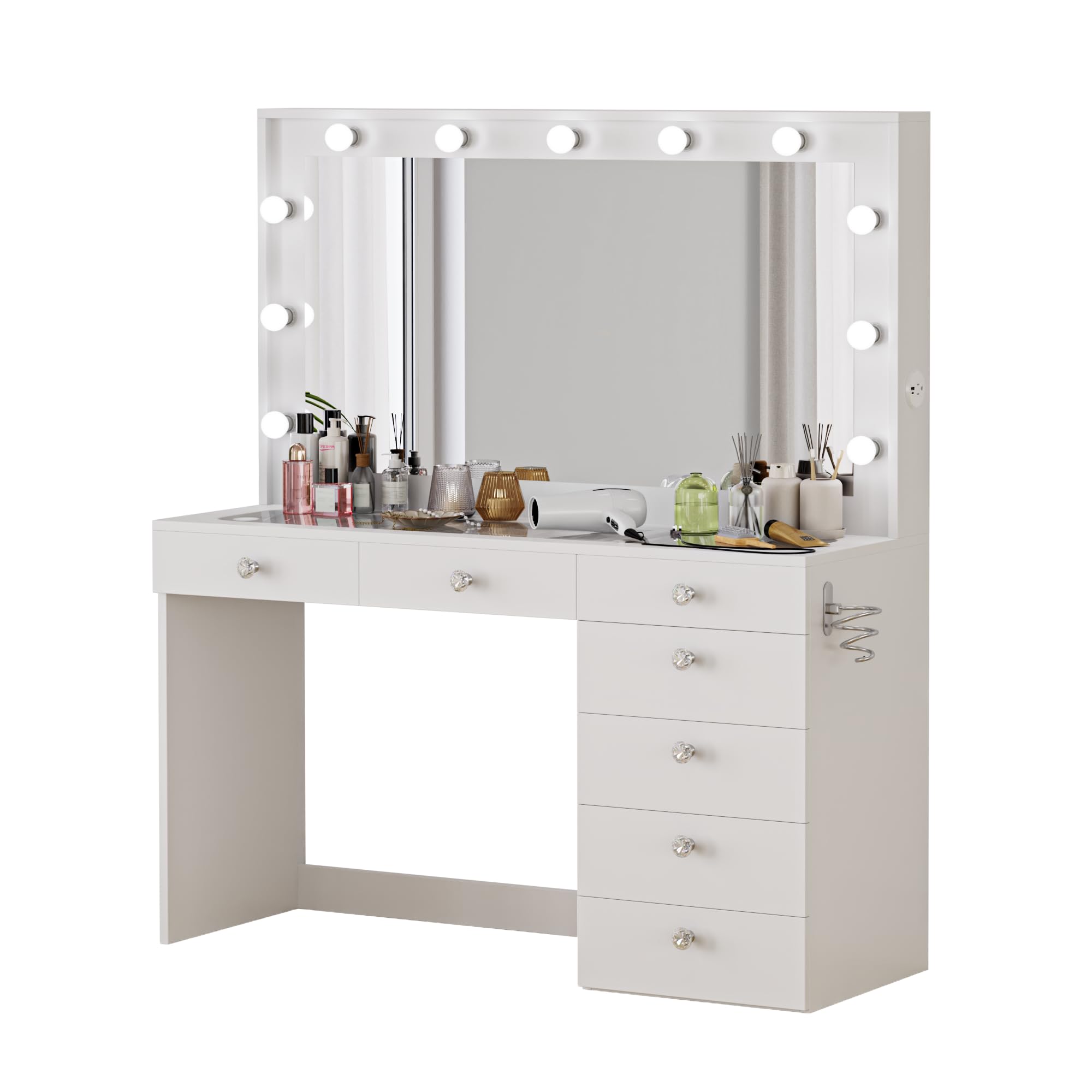 Boahaus Serena LARGE Makeup Vanity with Hollywood Lights Built-in, 7 Drawers, Hollywood Mirror, Hairdryer Hanger, Glass Top, Crystal Knobs, White Vanity Makeup Desk for Bedroom, 58'' Hx47''Wx17''D