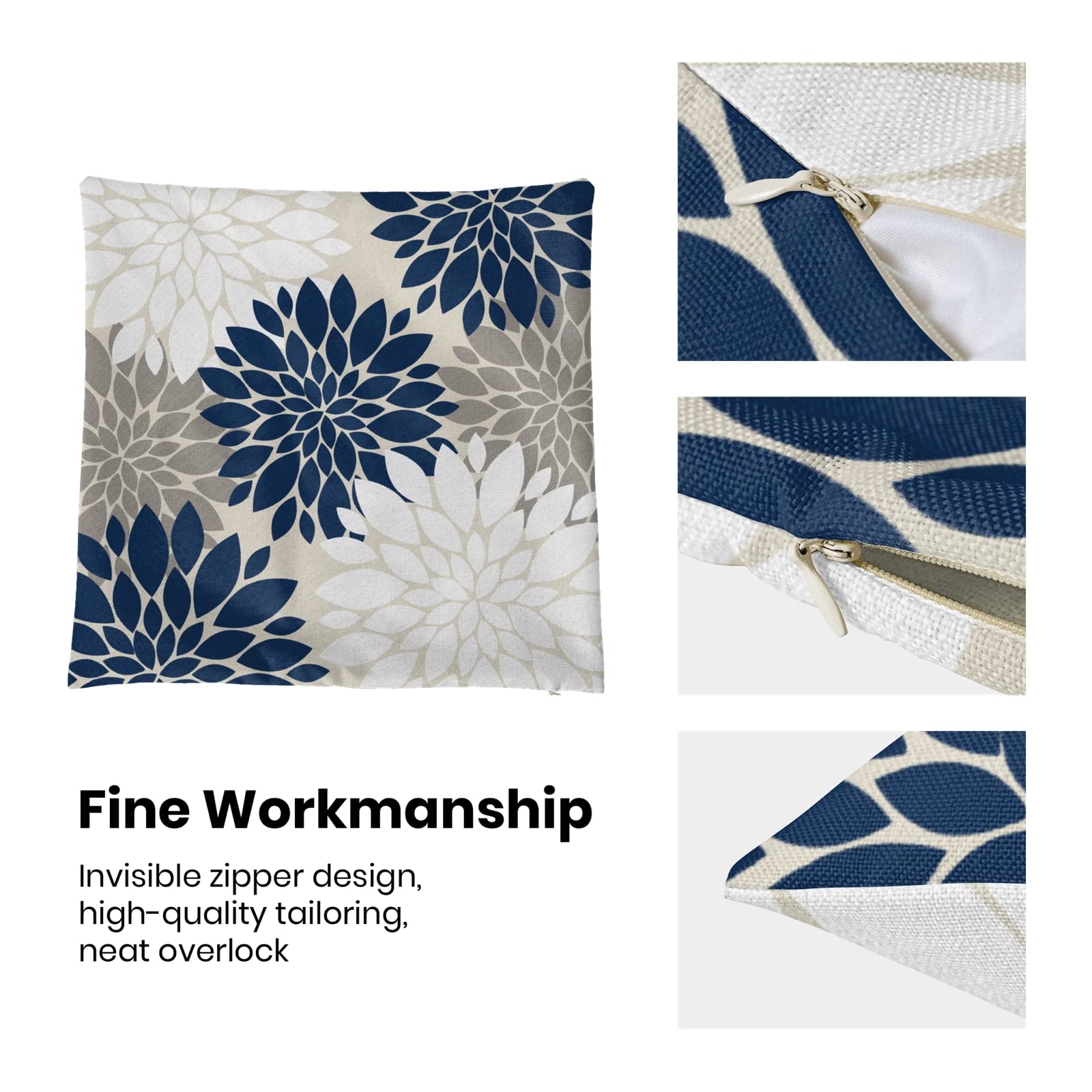 GIOPAMGO Navy Blue White Pillow Covers 18x18 Set of 2, Gray Abstract Dahlia Farmhouse Decorations Throw Pillow Covers Geometry Design Summer Outdoors Decorative Linen Cushion Case for Couch Sofa Home