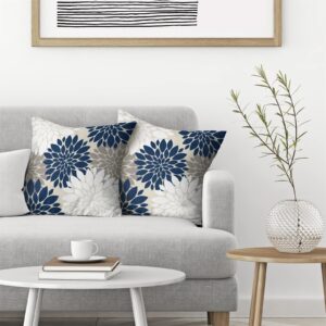 GIOPAMGO Navy Blue White Pillow Covers 18x18 Set of 2, Gray Abstract Dahlia Farmhouse Decorations Throw Pillow Covers Geometry Design Summer Outdoors Decorative Linen Cushion Case for Couch Sofa Home