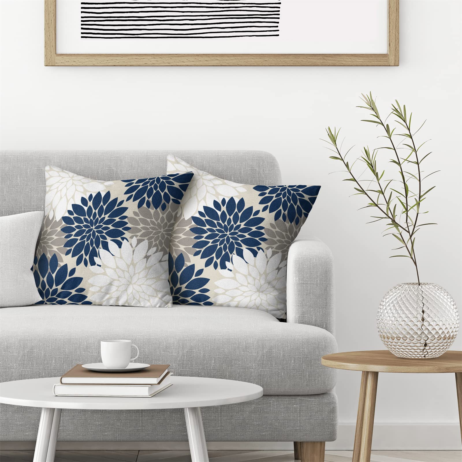 GIOPAMGO Navy Blue White Pillow Covers 18x18 Set of 2, Gray Abstract Dahlia Farmhouse Decorations Throw Pillow Covers Geometry Design Summer Outdoors Decorative Linen Cushion Case for Couch Sofa Home